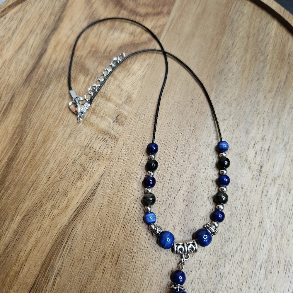 Women's Black Cord Necklace Blue Ceramic Beads Long Necklace NWOT Boho Unique
